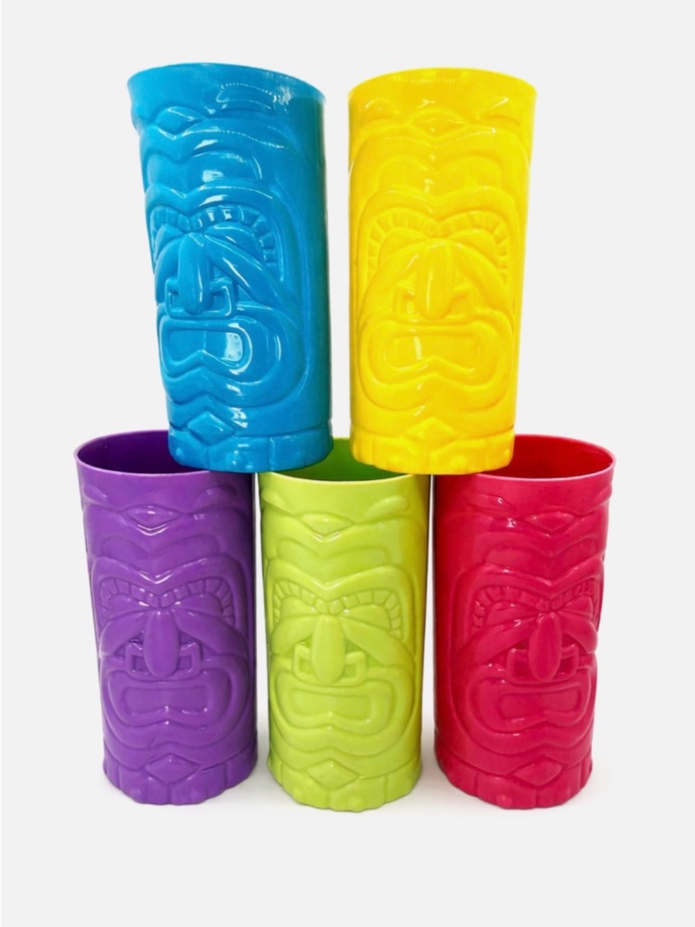 Tiki Head Party Cups Set of 5 24 oz. 7” Colorful Tropical Luau Drinkware Barware